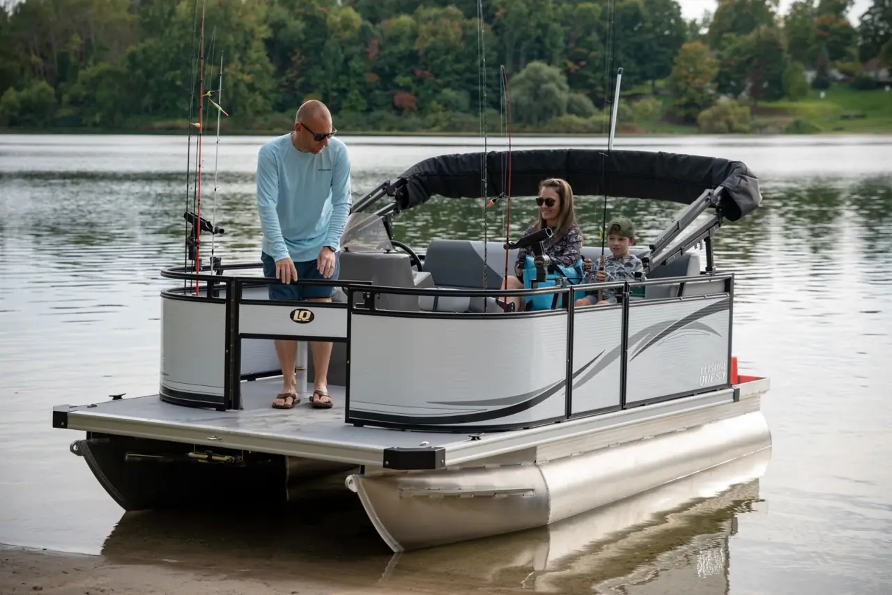 Family aboard a Leisure Quest at the shoreline