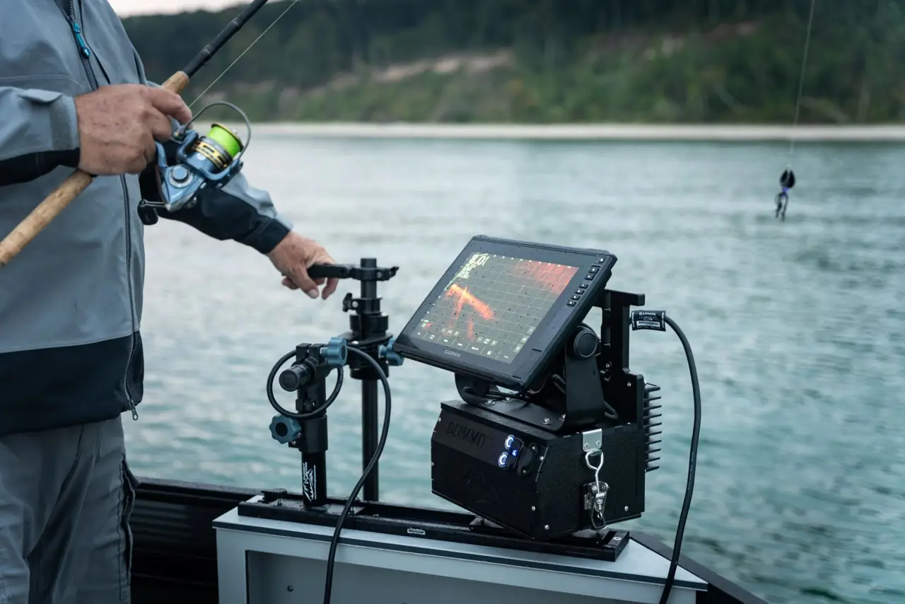 Forward-facing sonar screen mounted at the bow while an angler casts