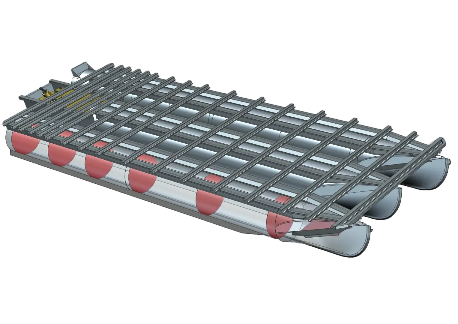 Rendering of the Nex Gen triple tube chassis showing three pontoons and the cross-channel frame